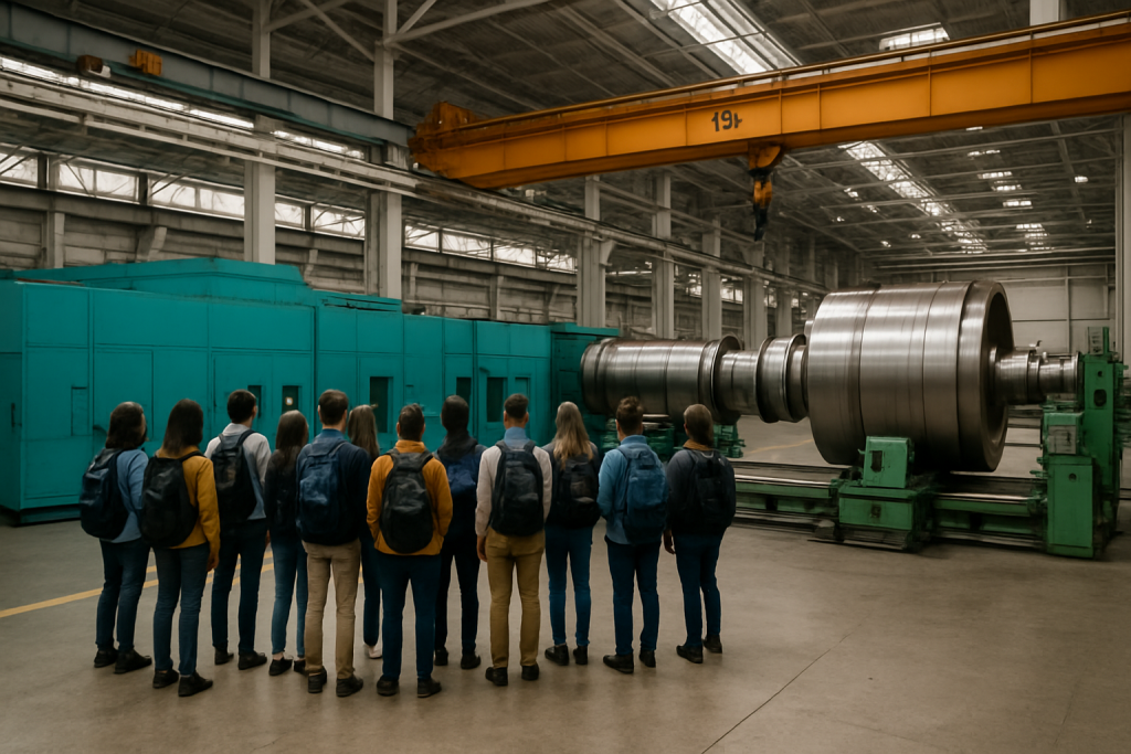 Gruppe von jungen Menschen steht vor großer, silberner Maschine. Menschen sind allgemein in einer Produktionshalle